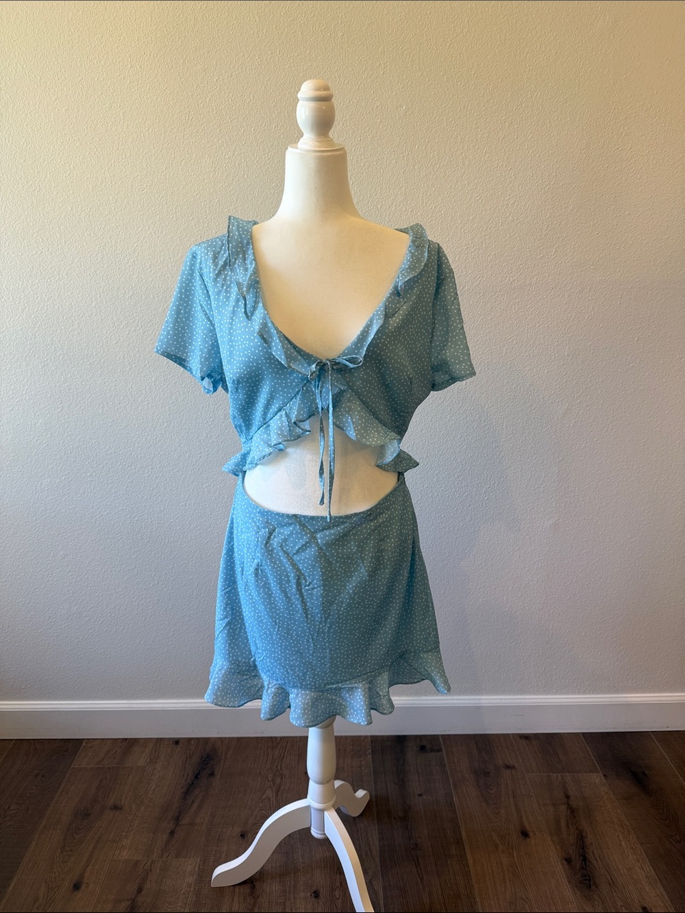 superdown Light Blue Polka Dot Ruffle Mini Skirt
